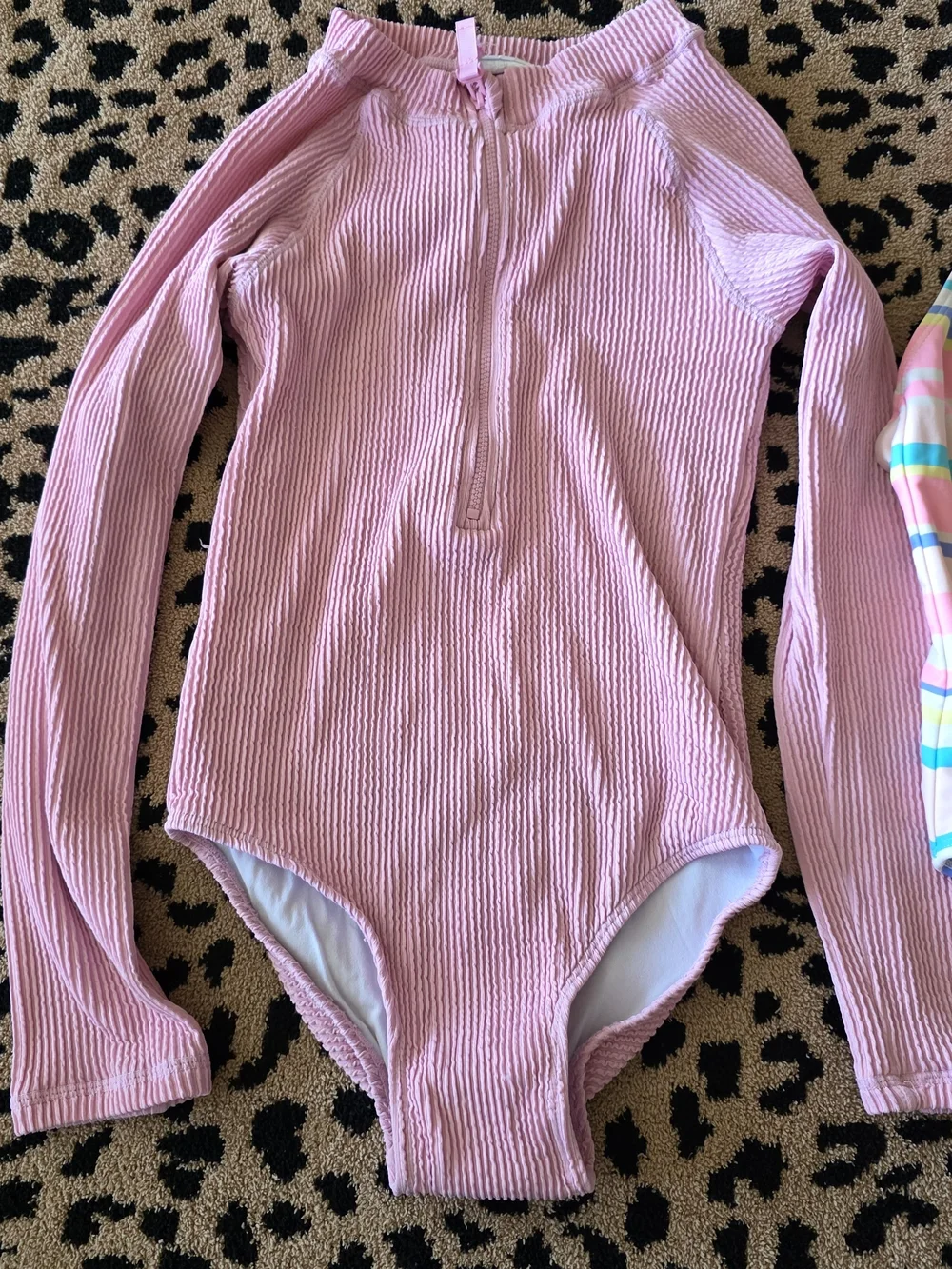 Kids Pink Rash Guard & Pastel Striped One-Piece Swimsuit Set